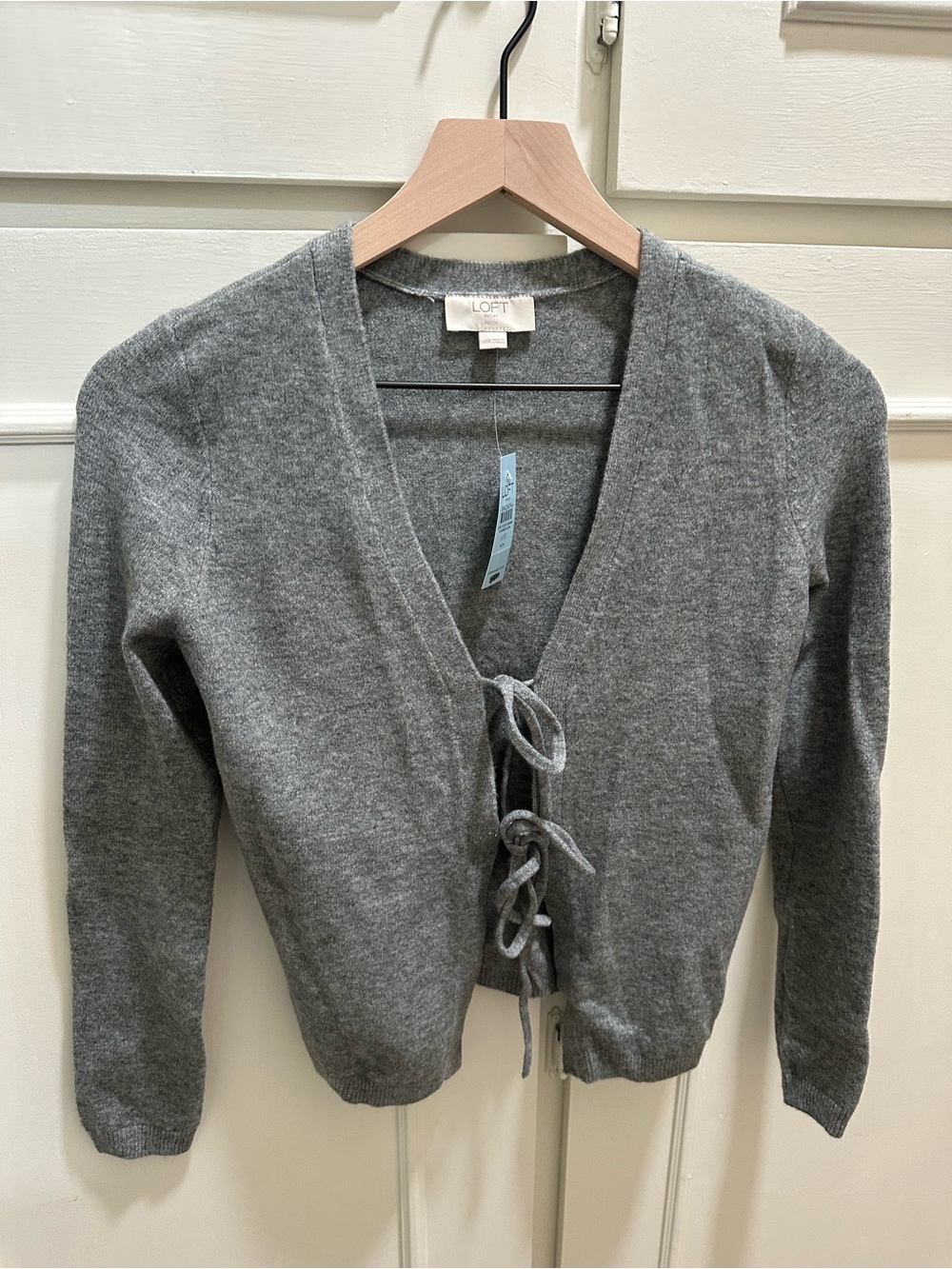 LOFT Gray Tie-Front V-Neck Knit Sweater